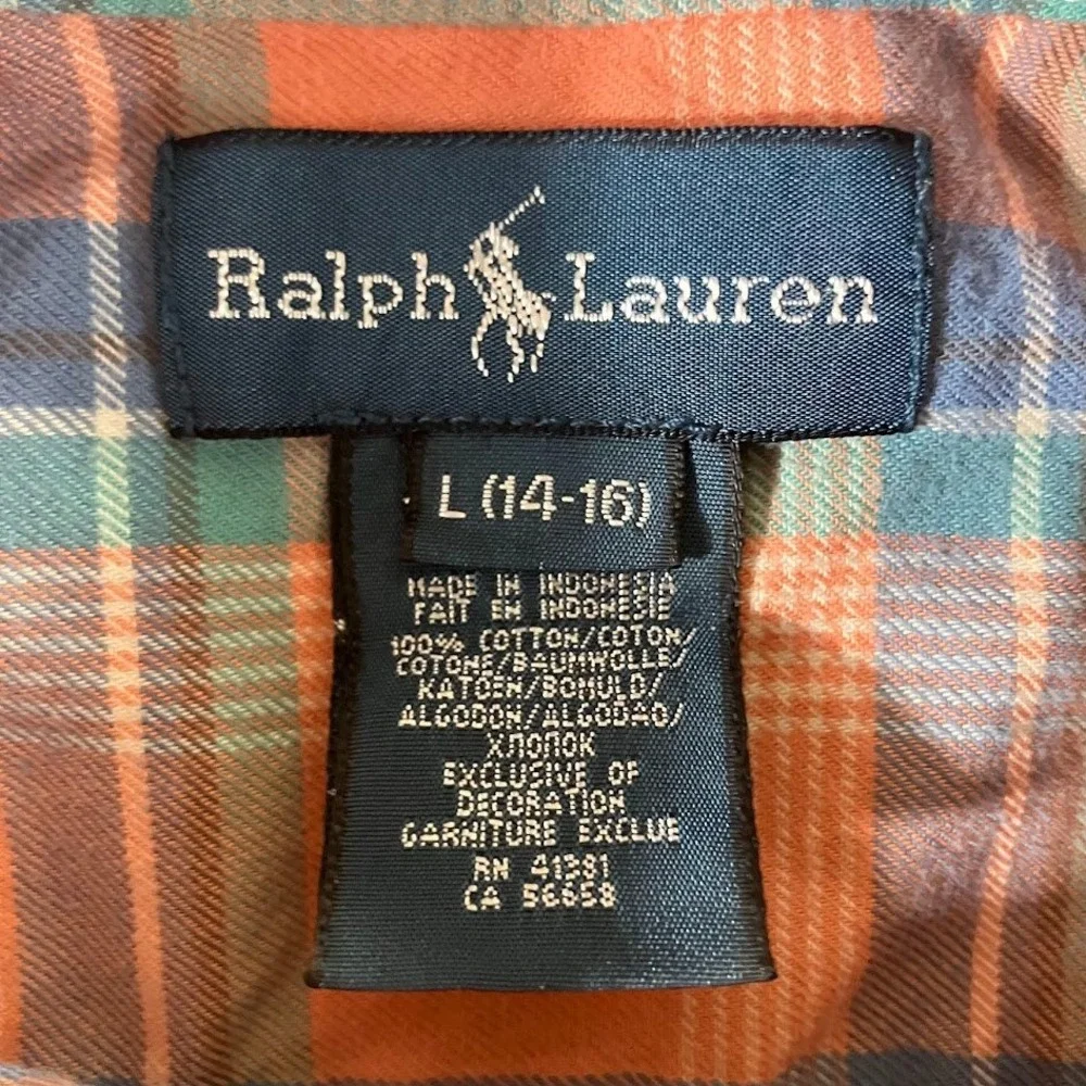 Ralph Lauren Kids Large 14-16 Plaid Button‎ Down Shirt Orange Blue Cotton Pony